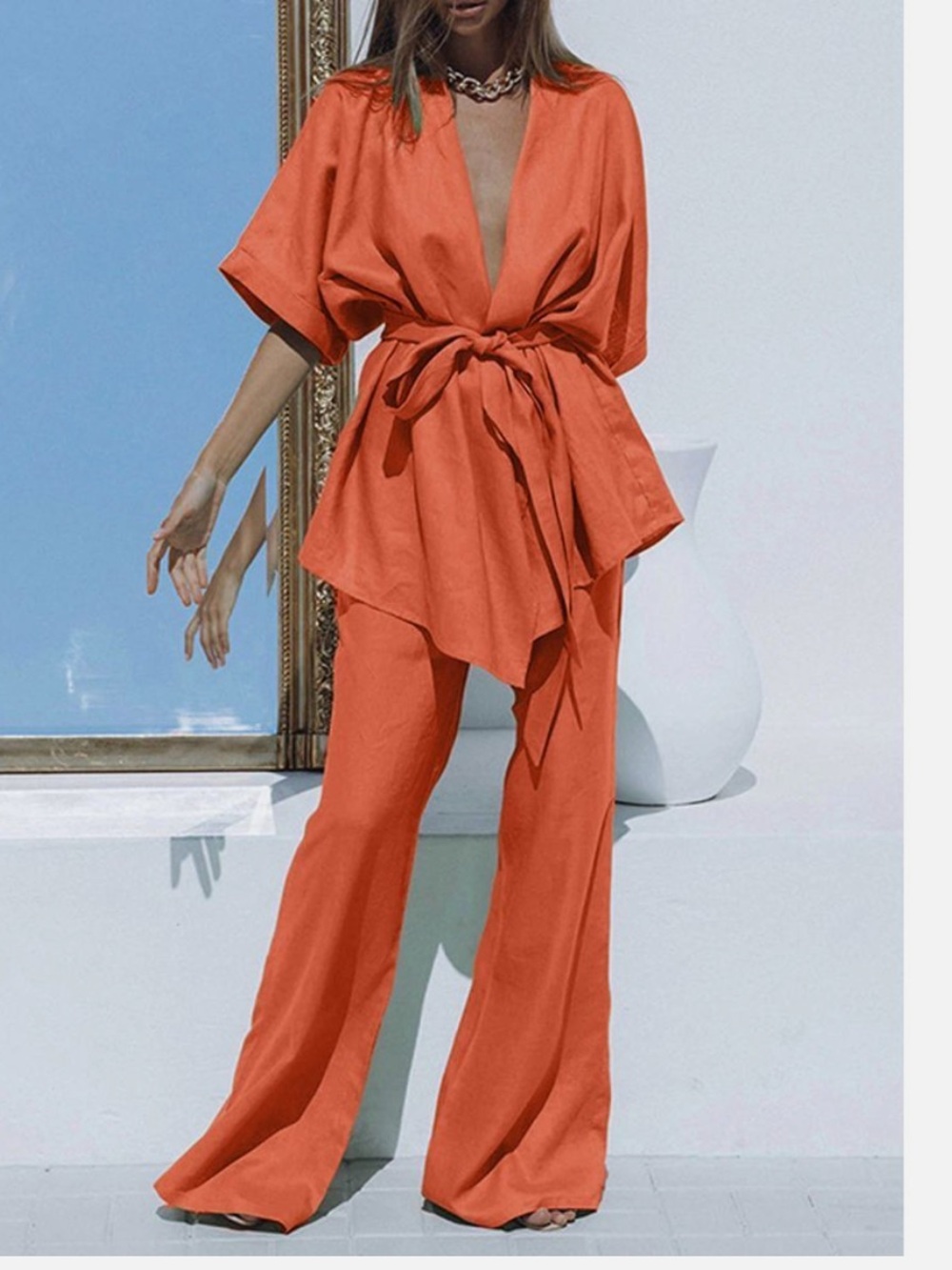 Commense Linen/Cotton Orange Two-Piece Set Kimono-Style Top Size Large NWT